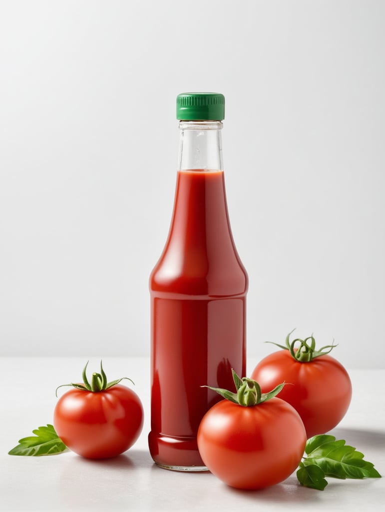 tomato ketchup bottle, red tomato with green leaves, isolated, white background
