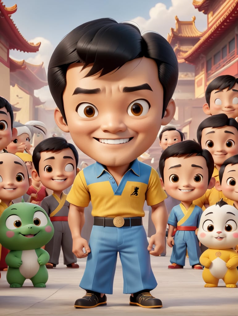 Bruce Lee em pé olhando para camera feliz