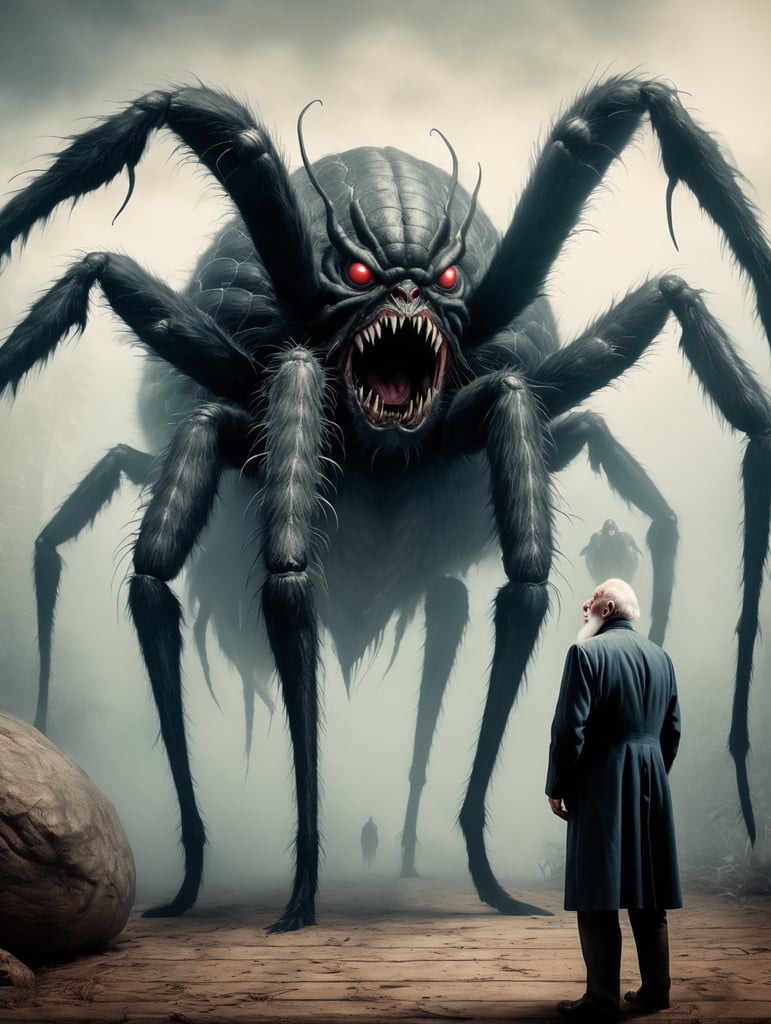 Old man standing next to a giant spider monster, in the style of contemporary vintage photography, necronomicon illustrations, tabletop photography, 1890, hyperrealistic animal portraits, ghostly presence, whirring contrivances