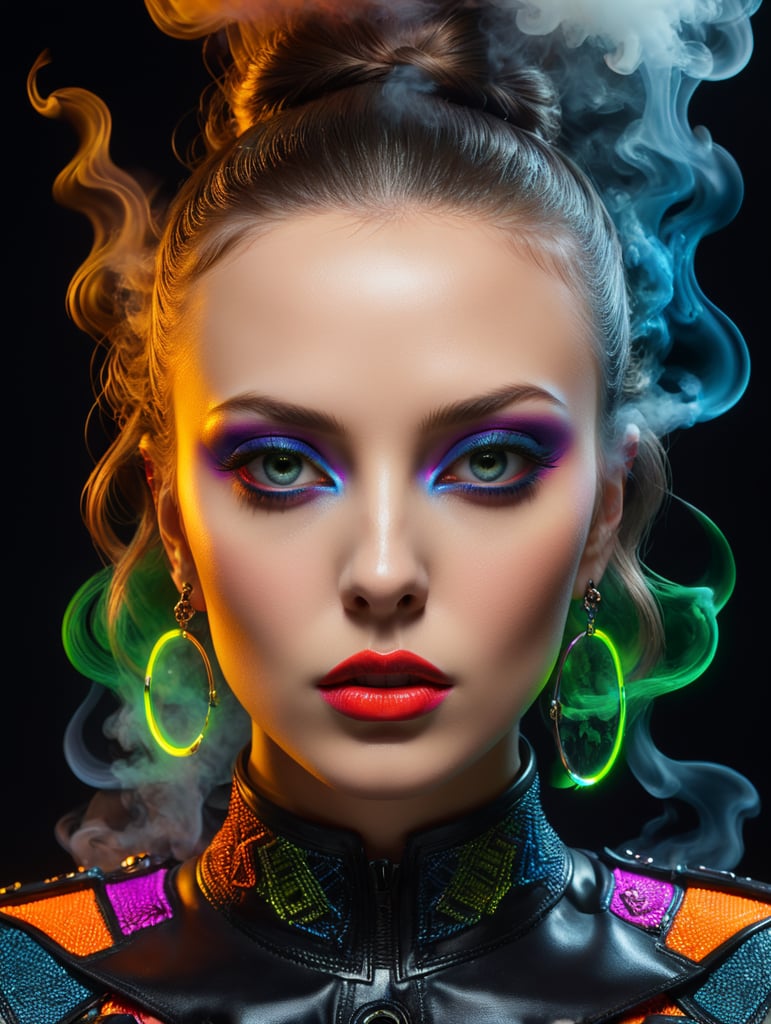 editorial fashion portrait, perfect face, smoke eyes, masterpieces, neon colors, style laurie simmons, pop art, sharp