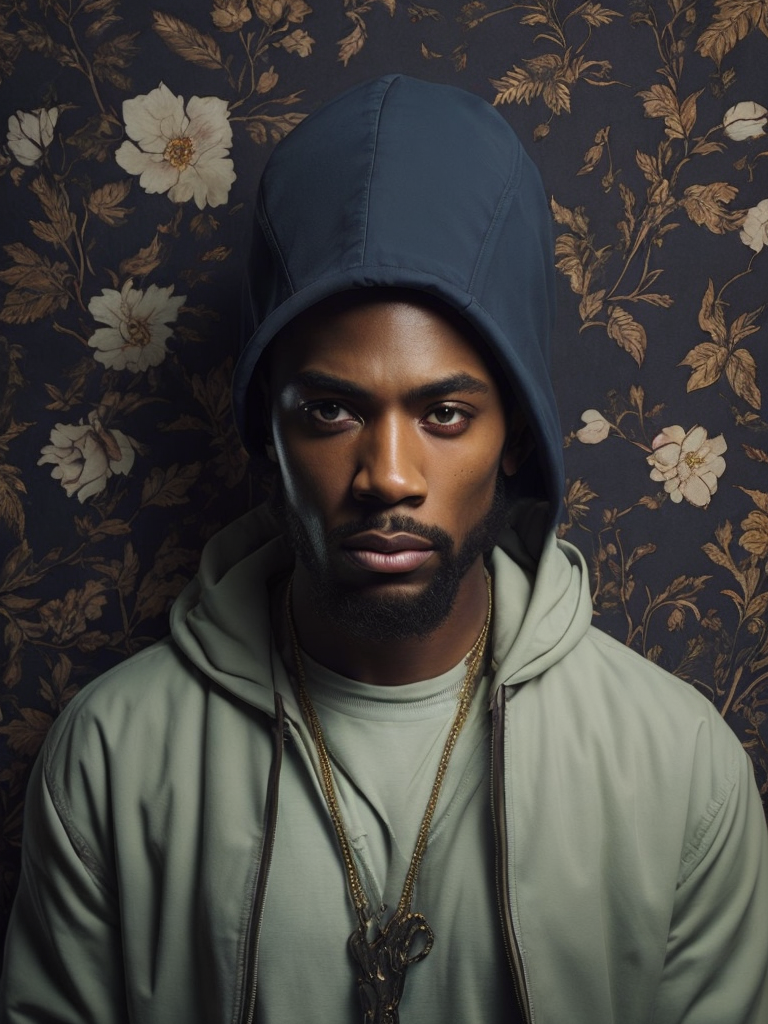 Famous black rapper displayed in illustration format, oil paint, on a gothic floral background - cherry and black colored