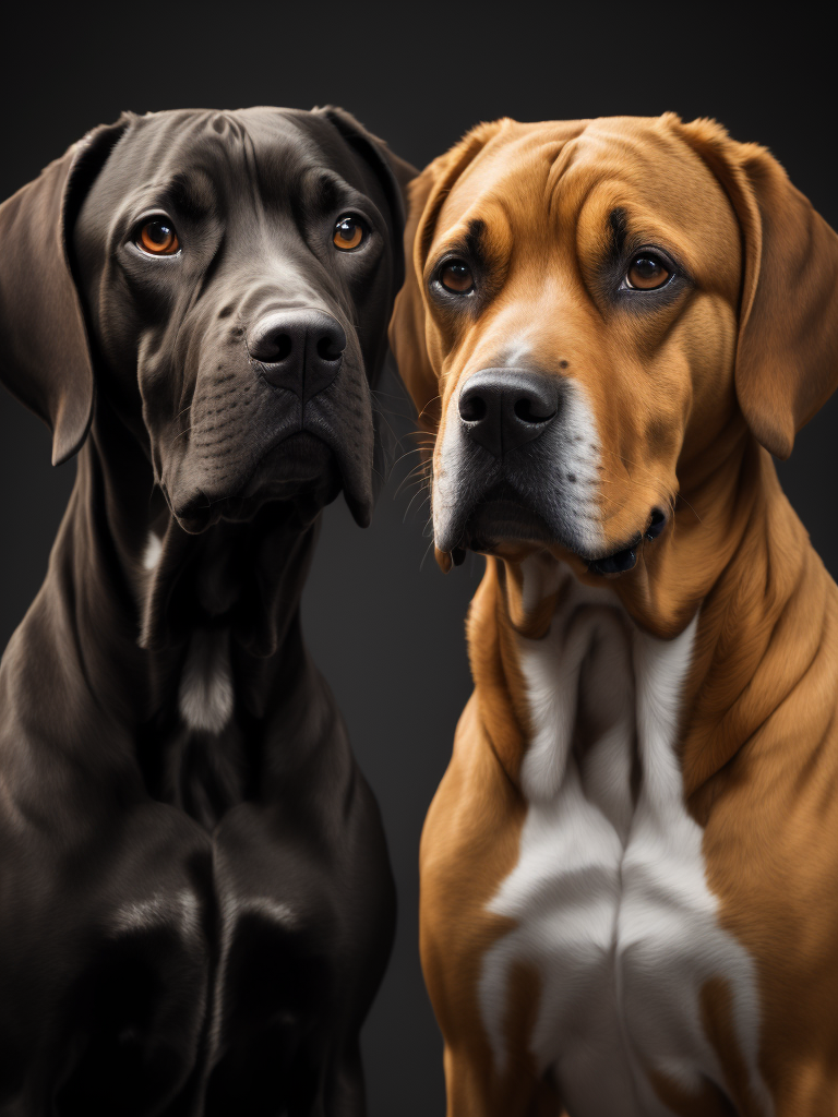create a portrait of 2 dogs, one is a black cane corso and amstaff mix, the other one is a mix between a setter and a cocker, reddish hair