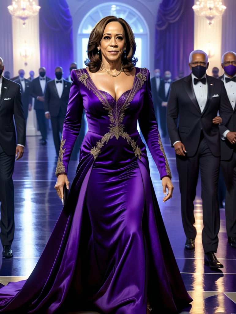 President Kamala Harris attending her Presidential Inaugural ball wearing a regal royal purple gown