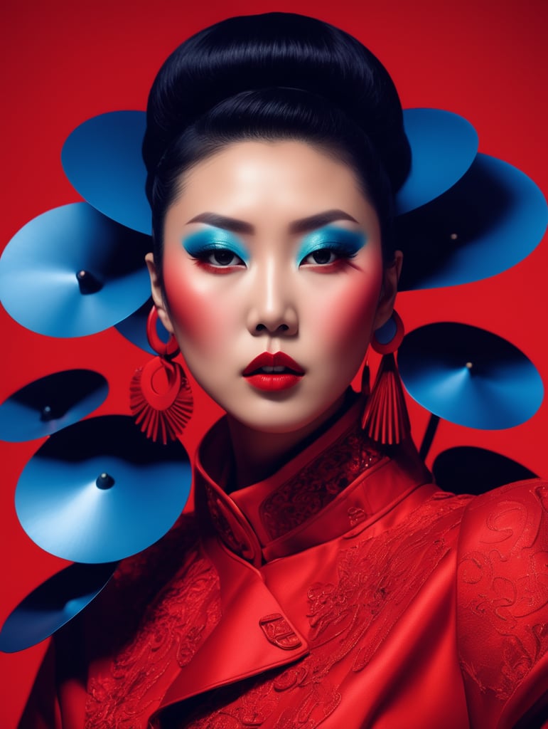 asian, avant-garde, photoshoot spread, dressed in all red, club night, bizarre, cover, party, hyper realistic