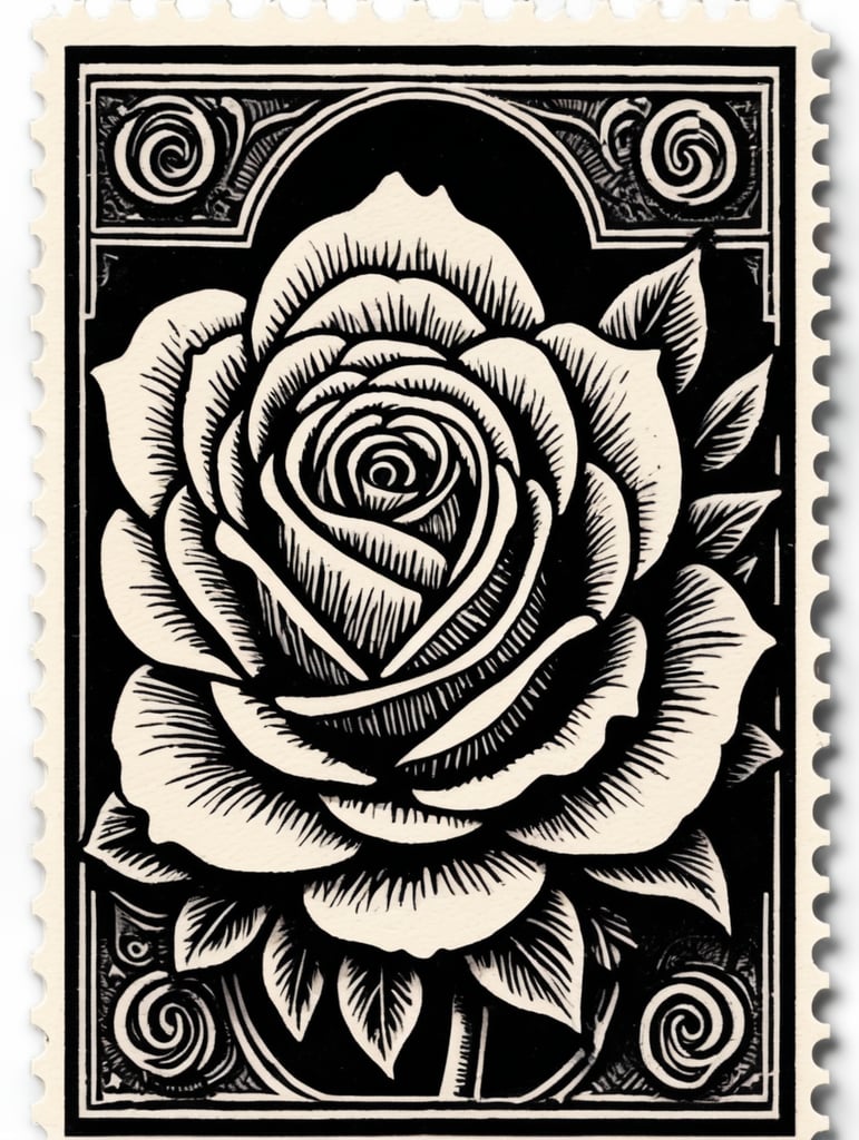 Black and white linocut postage stamp king with rose thick bold dark lines