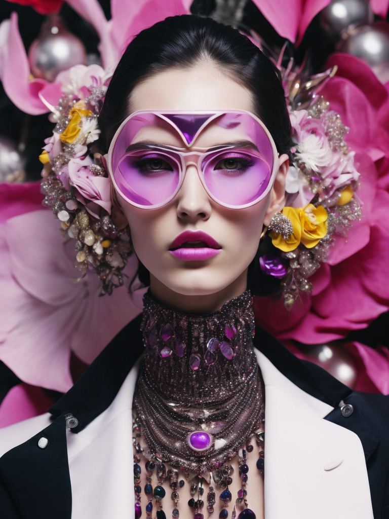 purple and pink, retrofuturism, retro future, 1970, purple vampire dracula, insane bizzare eyeglasses, bright, colorful rgb, dream world, Alexander McQueen Glazier demonic boy, monster face, vampire, horrific, arty pose, fashion, massive huge jewelry, precious gems, massive pearls, giant white diamonds, retrofuturistic, crystal, marble, glass, floral, massive big flowers, gem flowers, hyper neon glow, dark, moody, diaphanous layered ultra haute couture, high definition, high resolution, bold vibrant colors , volumetric lighting, 8k, 3d rende, style by dior, style by channel, by Jimmy Marble and Takashi Murakami