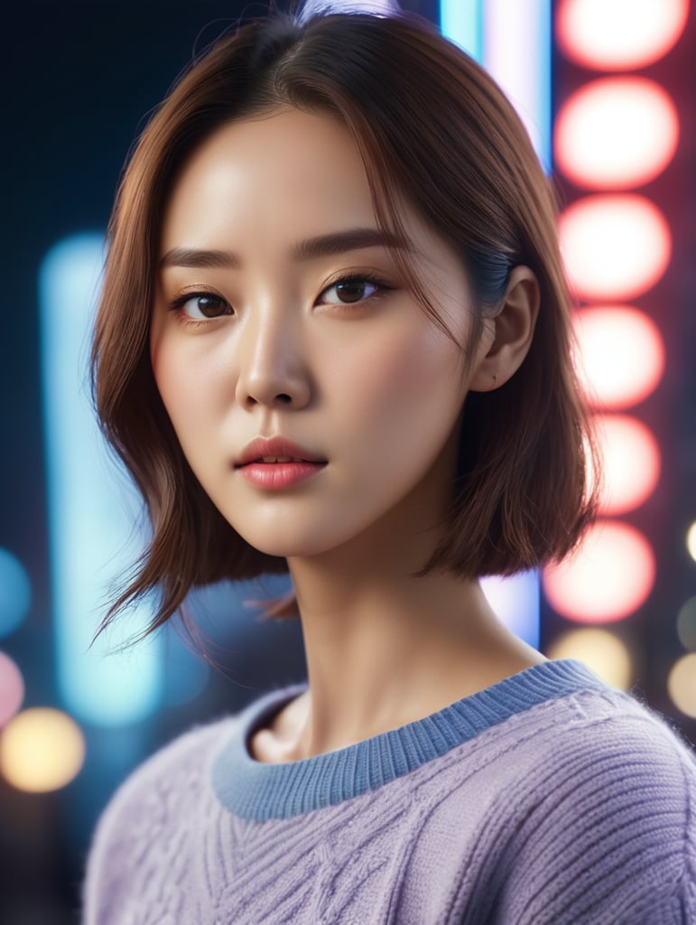 close up Cinematic photo of korea woman, wearing a sweater, epic details, photorealistic, Cinematic, neon light photorealistic