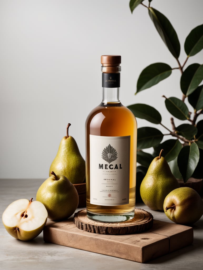 Packaging and branding for a mezcal brand as if it had been designed by HI ESTUDIO with In a set design with bricks, pears and dry leaves.