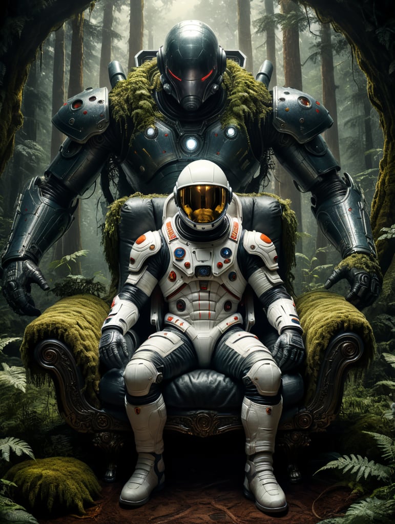 Spaceman sitting on a couch in the middle of a dark forest