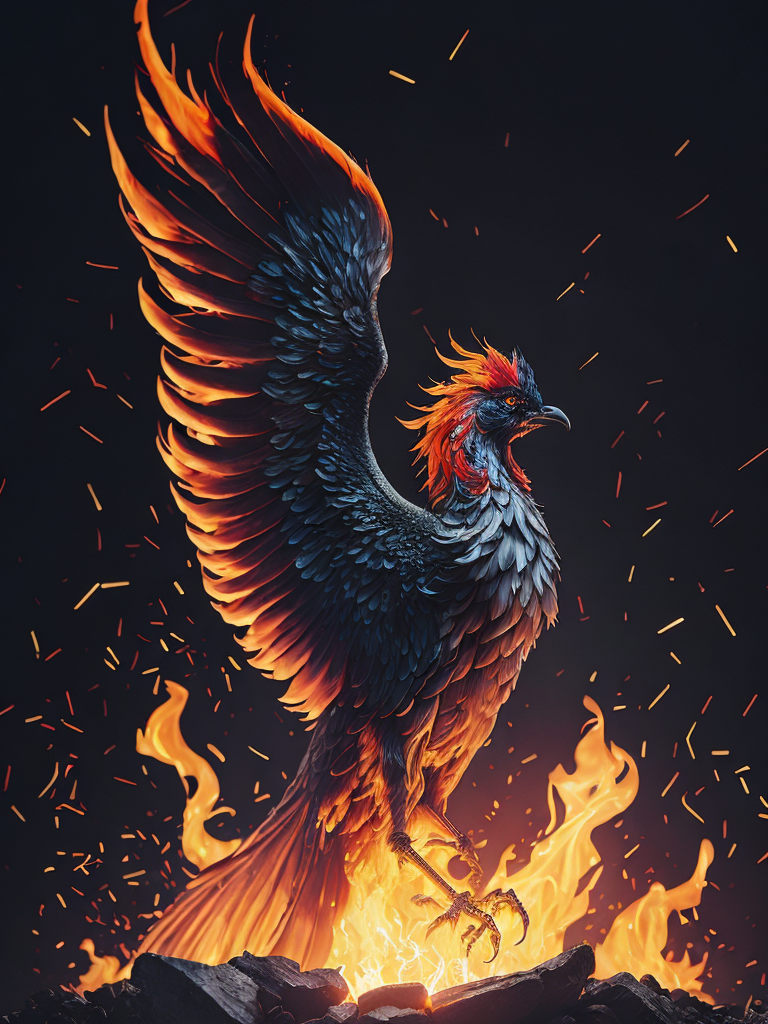 Illustrate a majestic and regal phoenix rising from the ashes with vibrant feathers and intense fiery hues.