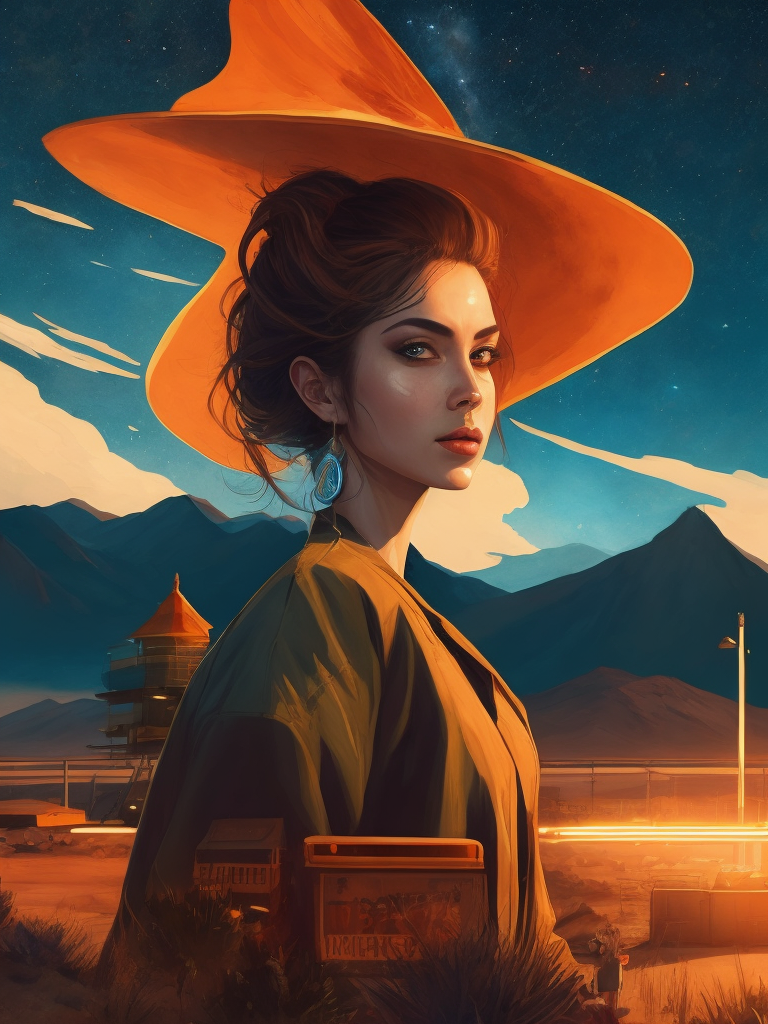 Small vintage motel located near the highway with a large neon sign, night with starry sky, bright colors, contrasting shadows, deep dark atmosphere, tumbleweed, desert and mountains on the horizon, incredible details, sharp focus