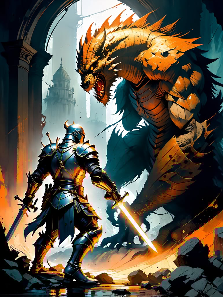 knight about to fight giant monster in dark dungeon in the style of frank frazetta