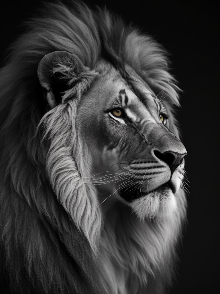 photo of a lion in black and white style, sharped, detailed