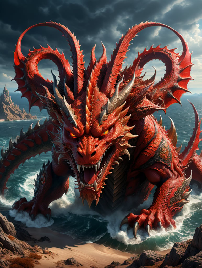 a great, fiery red dragon having seven heads and ten horns, and seven diadems on his heads. It stands by the sea, on a vast wasteland.