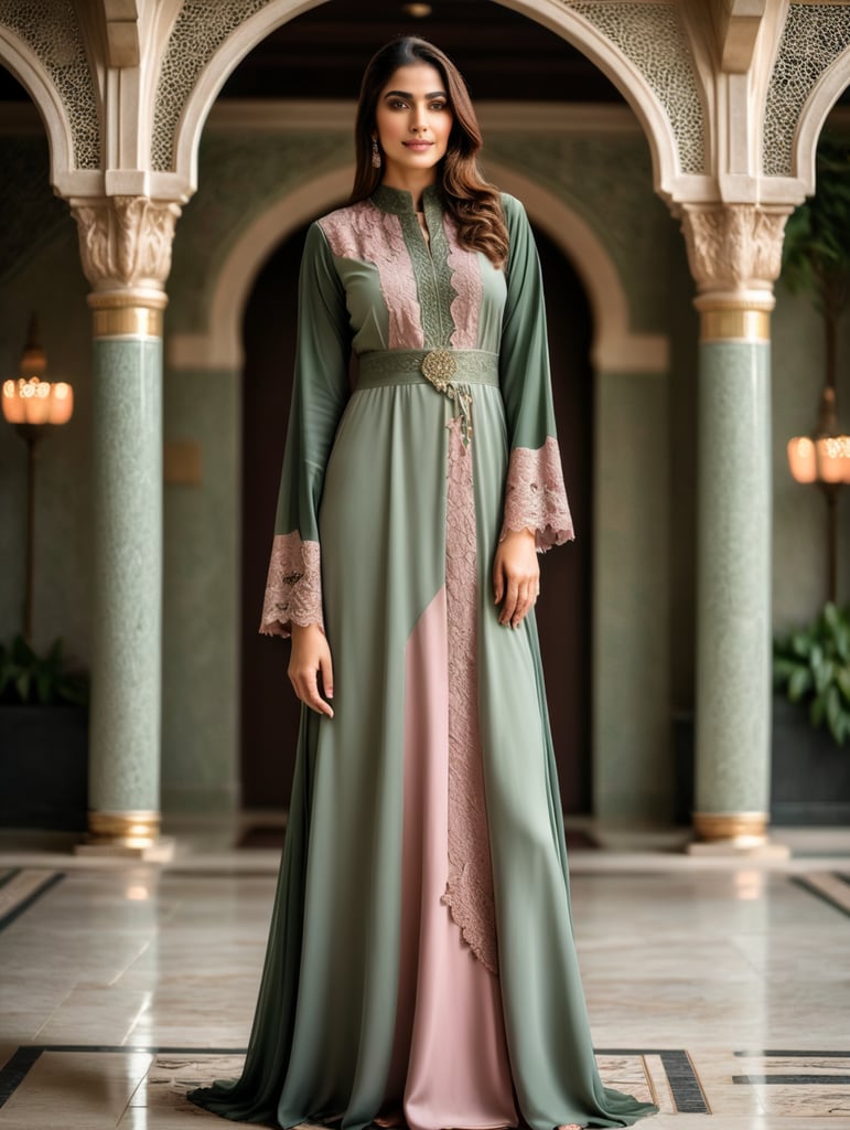 FULL BODY ABAYA sage green and dusty rose spliced with lace ABAYA