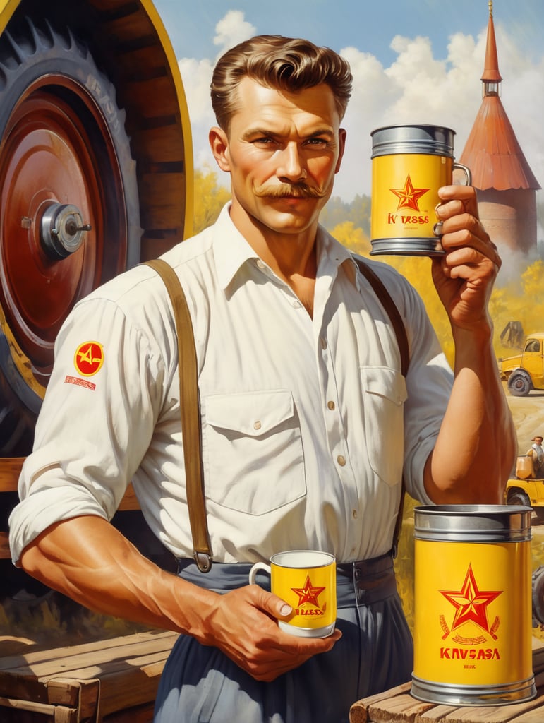 a poster, A Soviet male worker in a white shirt holds a mug of kvass in his hands, in the background a Soviet yellow barrel on wheels with kvass can be seen