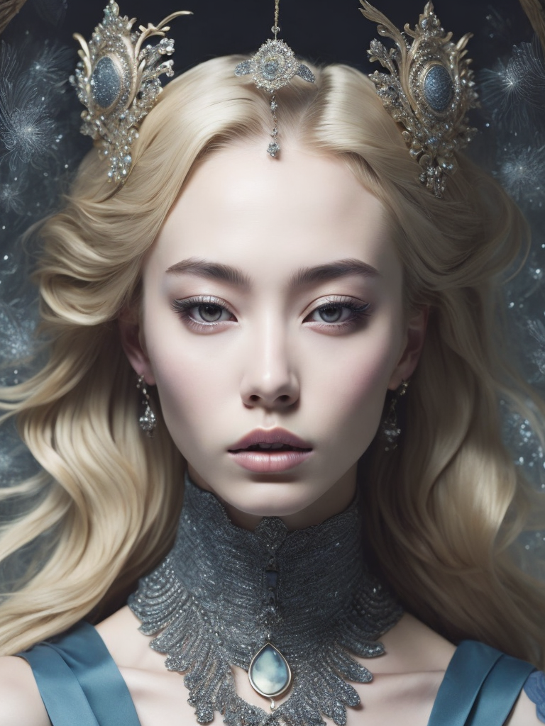 A beautiful painting featuring a young blonde woman and jewelry, in the style of zhang jingna, rinko kawauchi, baroque - inspired details, dark gold and light blue, fanciful, dreamlike imagery, hyper - realistic details, enchanting realms