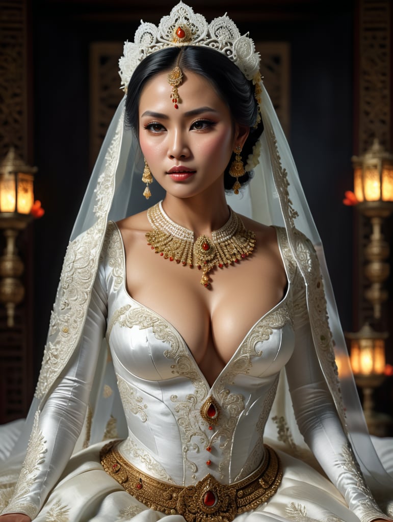 Pengantin jawa berbaju putih, dada terbuka, tanpa mahkota, wajah innocent, latar belakang ranjang pengantin, postur tubuh sintal berisi