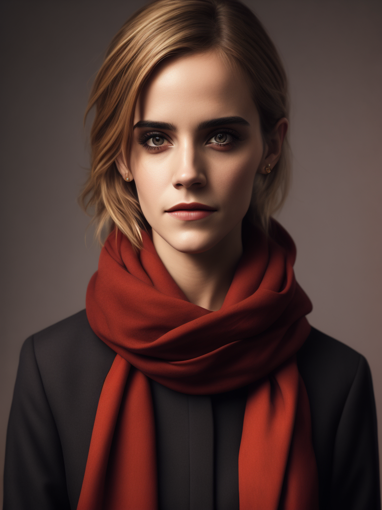 Portrait of Emma Watson wearing black blouse with red scarf, ultra realistic