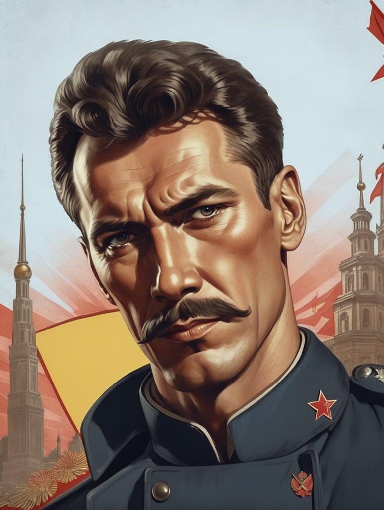 Soviet propaganda poster drawing of a soviet patriot