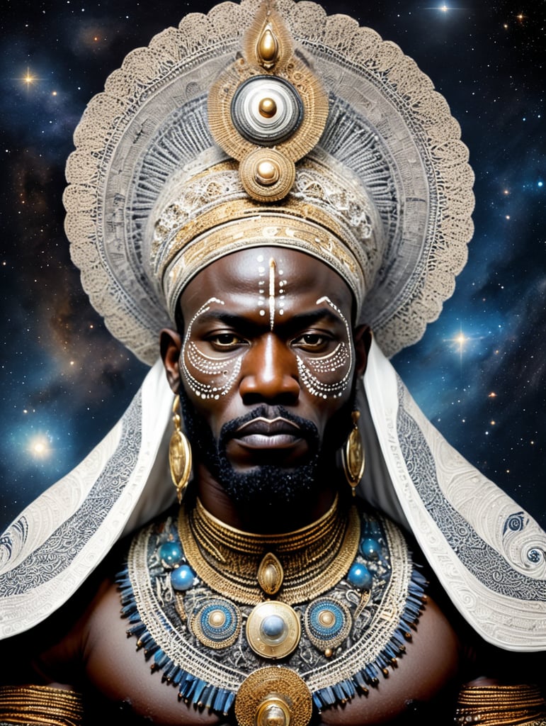 Obatala the african orisha wearing a detailed and intricate ade, cosmic god, astrophotography