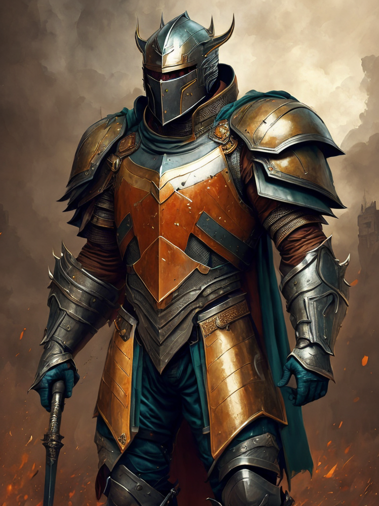 Medieval knight, iron armor, after the battle, epic photo