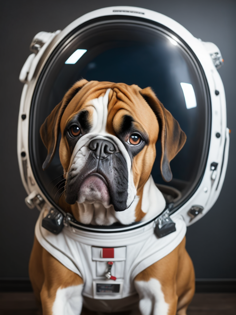 boxer dog wearing a space suit