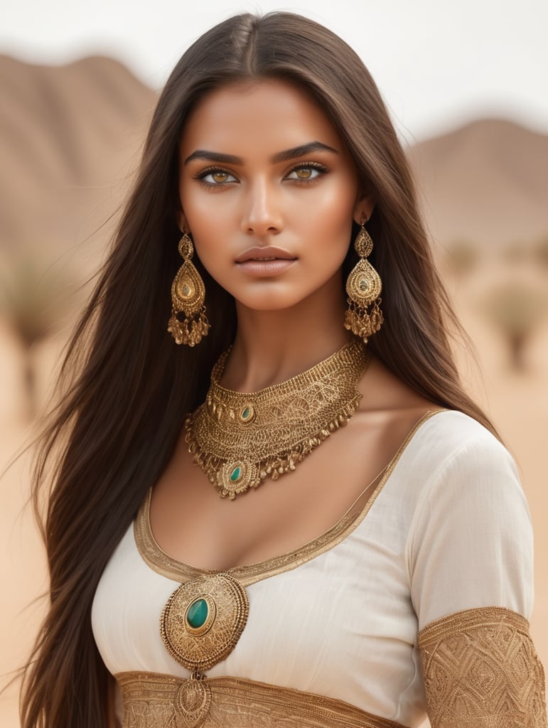 Waist up 5’10 willowy build bronzed skin young woman with golden eyes and straight long dark hair and gold jewelry in a Desert