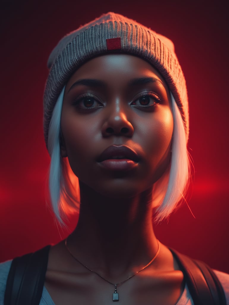 black girl on a red background, red light reflection on her face, White hair wearing a brown beanie