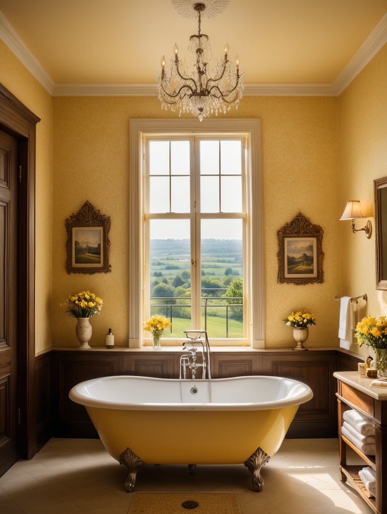 Bathtub in a bathroom of a romantic boutique hotel with yellow wallpaper overlooking the countryside