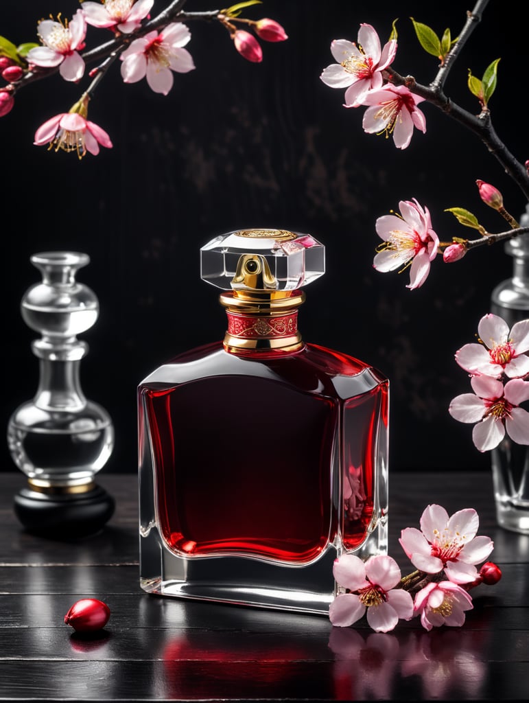 professional photography of a luxury perfume bottle on a black wooden desk, red satin scarf and sakura blossom in the background, no label, clear, mockup