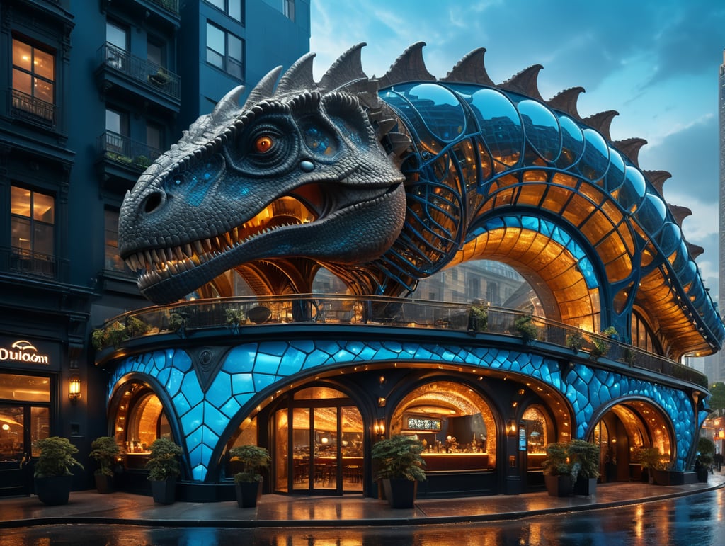dream prompt: the craziest wide viewing angle and large view lens architectural modern style hyper realistic hyper detailed neocosmic exterior architecture design of a Tyrannosaures Rex shape Fluid restaurant facade, bleue geometric Tyrannosaures Rex spectrum, bleue::1 white::3, Alberto Seveso architecture art style, in new york city, night ambient, night light, cinematic photo, natural lighting, camera nikon, 8k, --s1000 --style raw, you can imagine