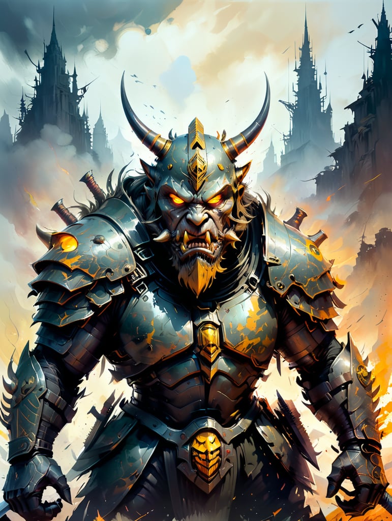 army of (obese demons with large tusks, snub nose with large nostrils, skin covered in pustules, with glowing yellow eyes, short horns, dark bristly hairs running from center of head down to the back, wielding armorslayer sword and large spiked shield, clad in menacing armour); desolate battlefield in in style of oil painting