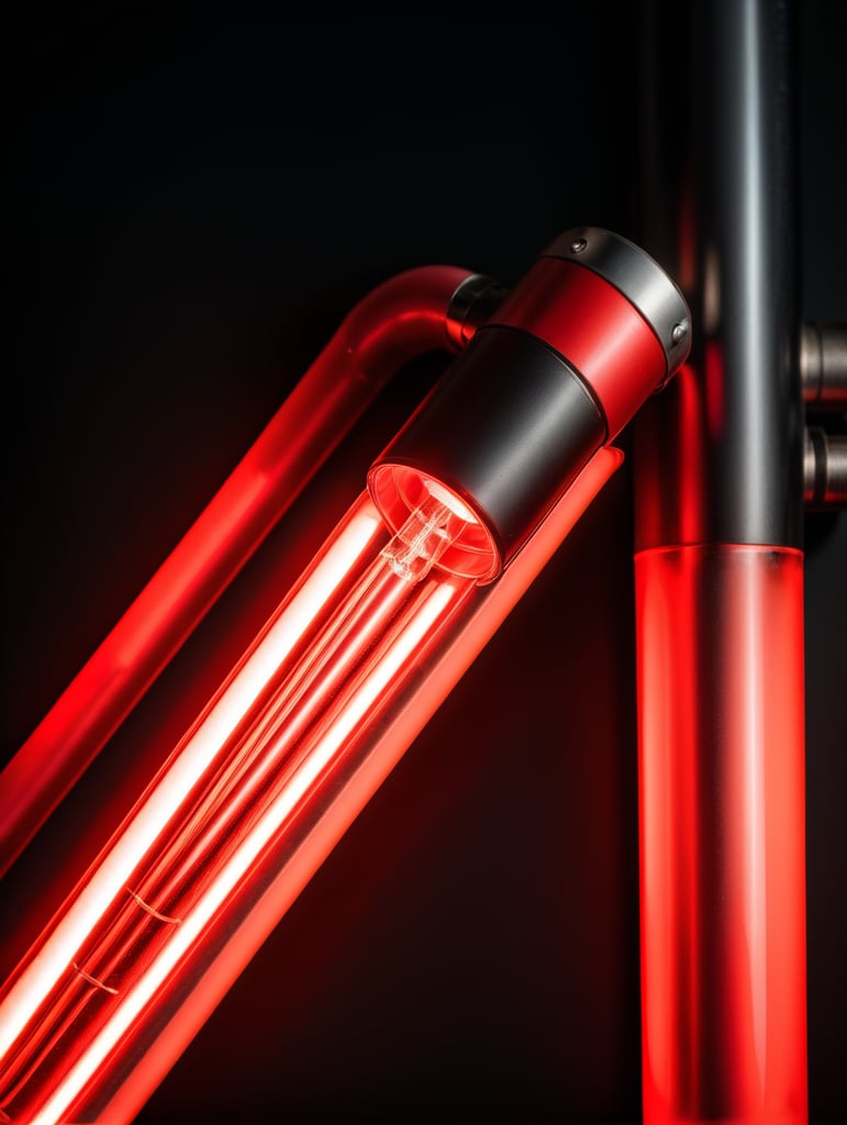 Close-up photo of a neon tube glowing with a bright red light, isolated, black background