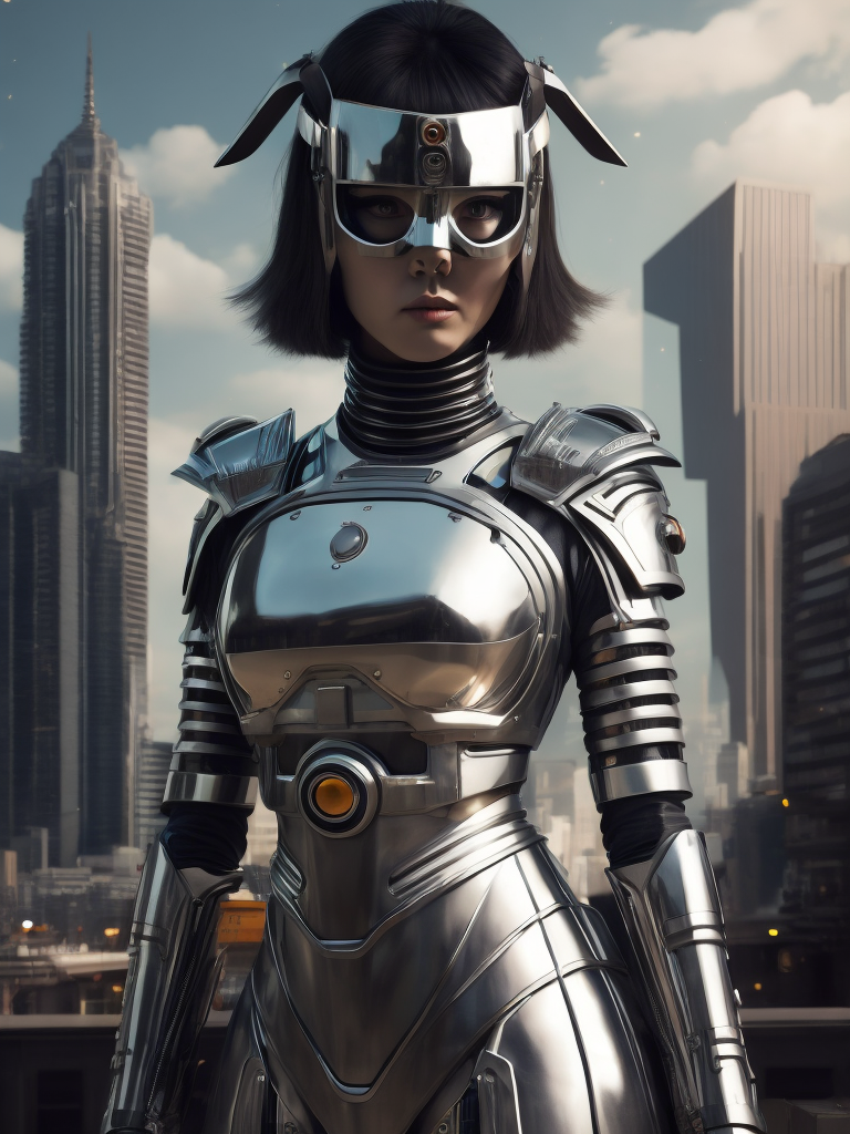 girl dressed in chrome mask and realistic cyberpunk outfit, the mask is metallic, a bit robotic, vintage medium shot 1920's poster with corean ethnicity, with background of futuristic style buildings and futuristic rockets, a little geisha, with a chrome, metallic color mask
