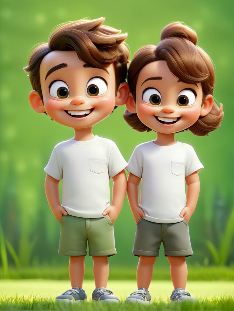 a Little boy and girl wearing white t-shirts, standing in front of green background, blank shirts no print, 3 years old smiling toddlers, photo for apparel mock-up