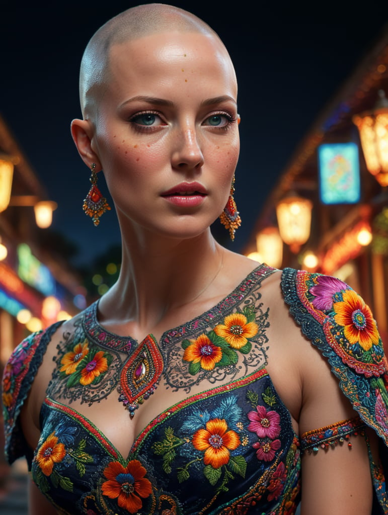 Beautiful hot bald woman with freckles, wearing a colorful, vibrant, detailed embroidered dress, medium-full shot, at night