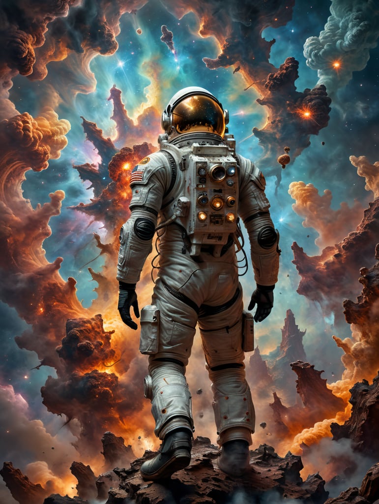 The astronaut's suit glimmers in the reclection of a muclear mushroom explosion cloud as they gaze upon the iconic pillars of creation.