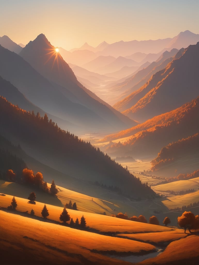 A serene mountain landscape bathed in the warm hues of a sunrise, casting long shadows over the tranquil valley below.