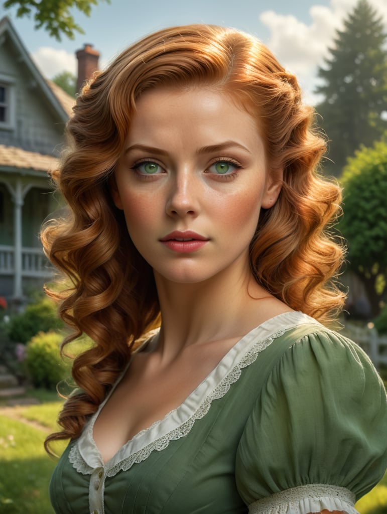 woman in her late 20's with ginger hair in a 40's period typical hairstyle. humble dress. cottage background. almond-shaped light green eyes. tired-looking, a bit shabby but still pretty