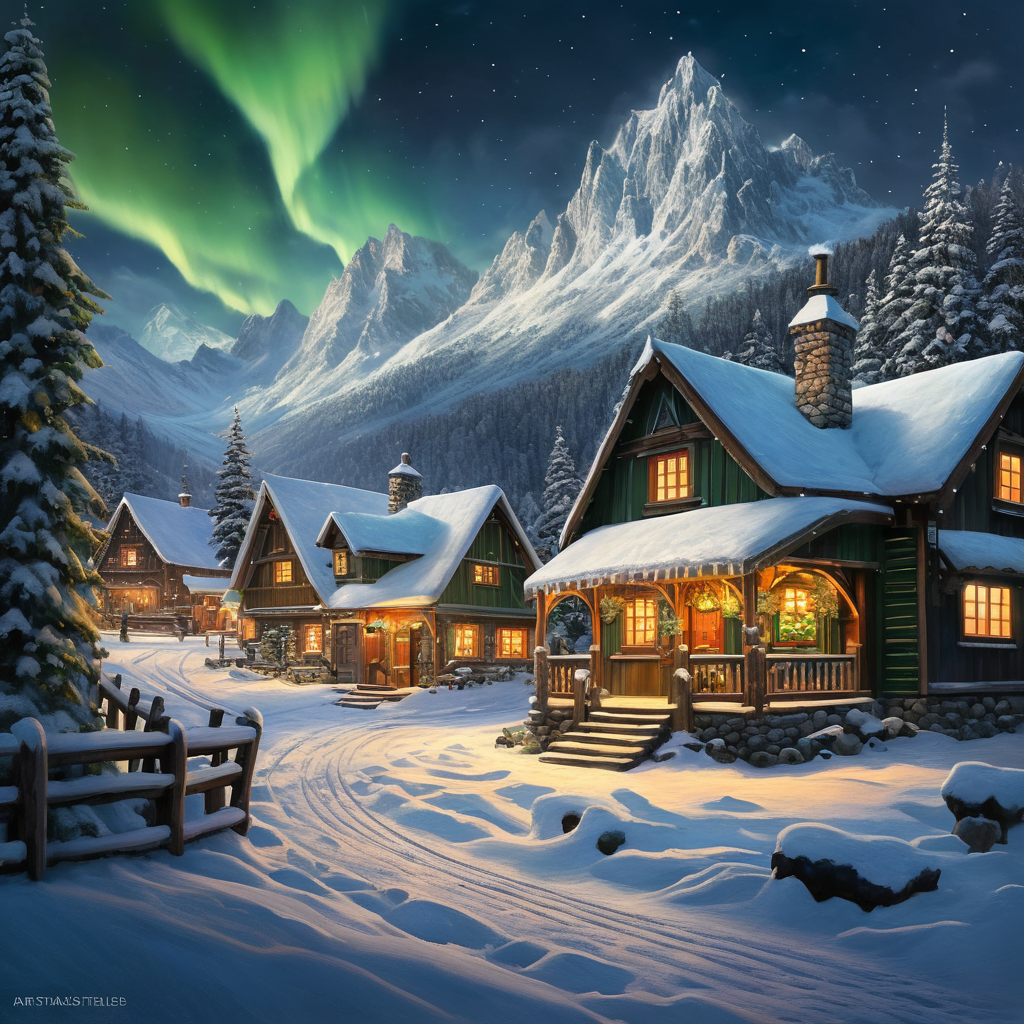 A magical snow-covered village nestled in the mountains, where Santa's workshop stands tall, surrounded by quaint cottages, the northern lights dancing in the sky, and a sense of wonder and anticipation in the air, Painting, oil on canvas,