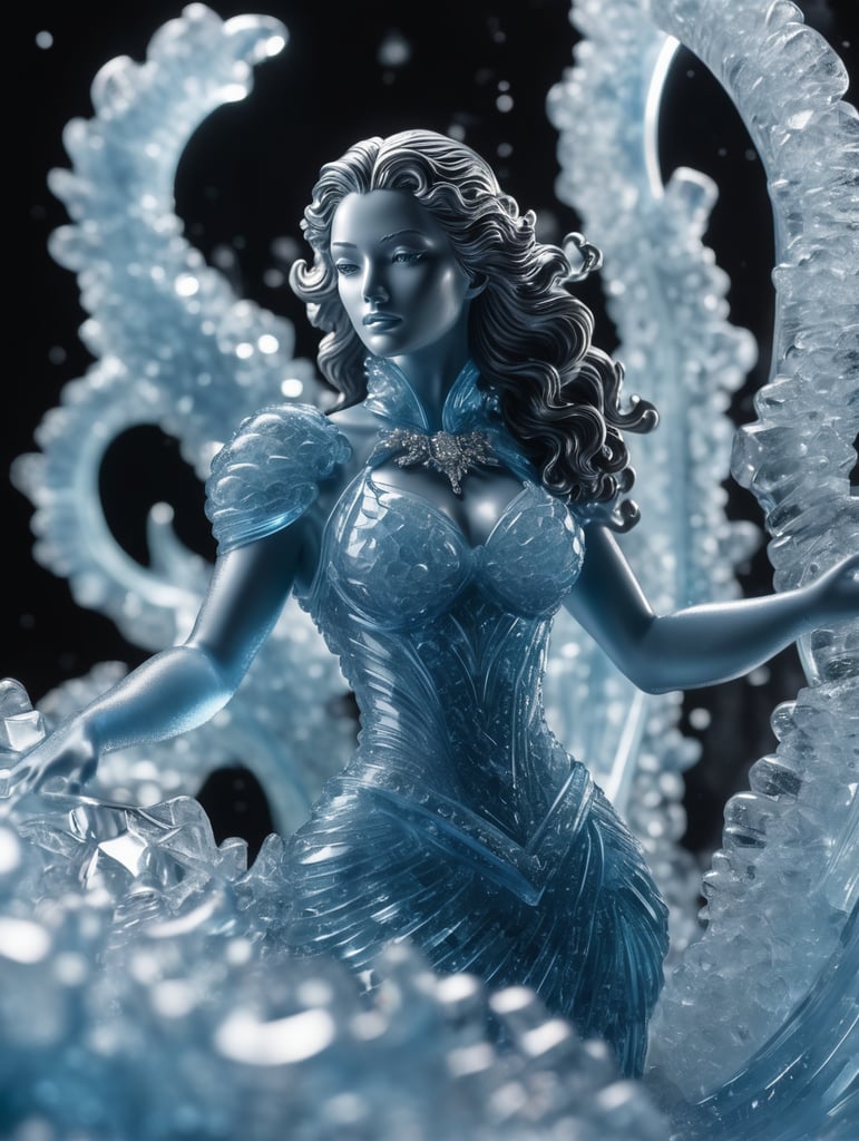 Highly detailed shot of an blueish ice sculpture in the shape of a curly women, full-body shot, dramatic shattering ice background, full motion effects, diagonal view, ice crystal particles everywhere, back light, ultra sharp focus, high speed shot, subtle color, Bioluminescence, high quality