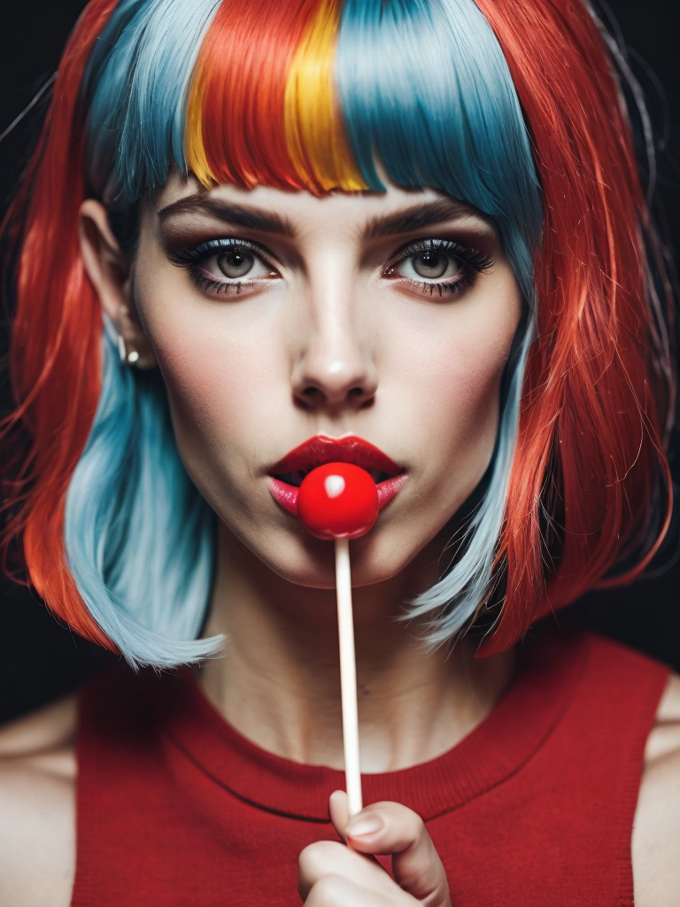 Photography of girl with a lollipop in her lips, face closeup, beauty girl in the style of Mary Quant, Vivid saturated colors, Contrast color, studio photo, professional photo, Rich colors, Detailed image, detailed face