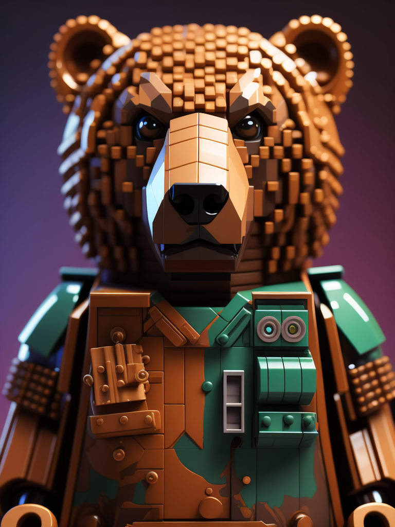 bear lego figure style, gradient background, Vibrant colors, Depth of field, Incredibly high detail, 8k