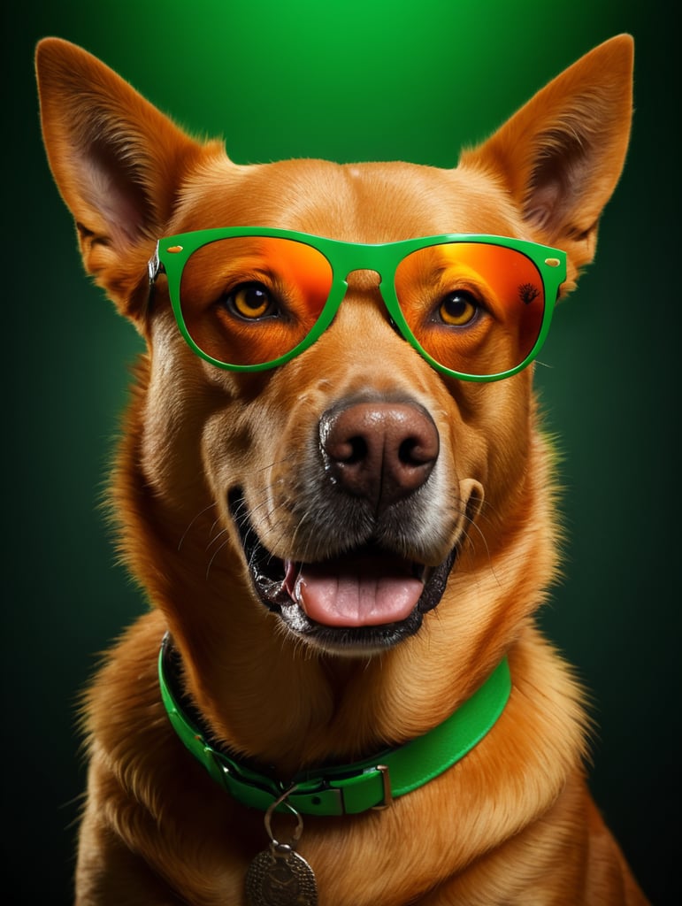 portrait of a orange dog, wearing green sunglasses, green background, bright colors