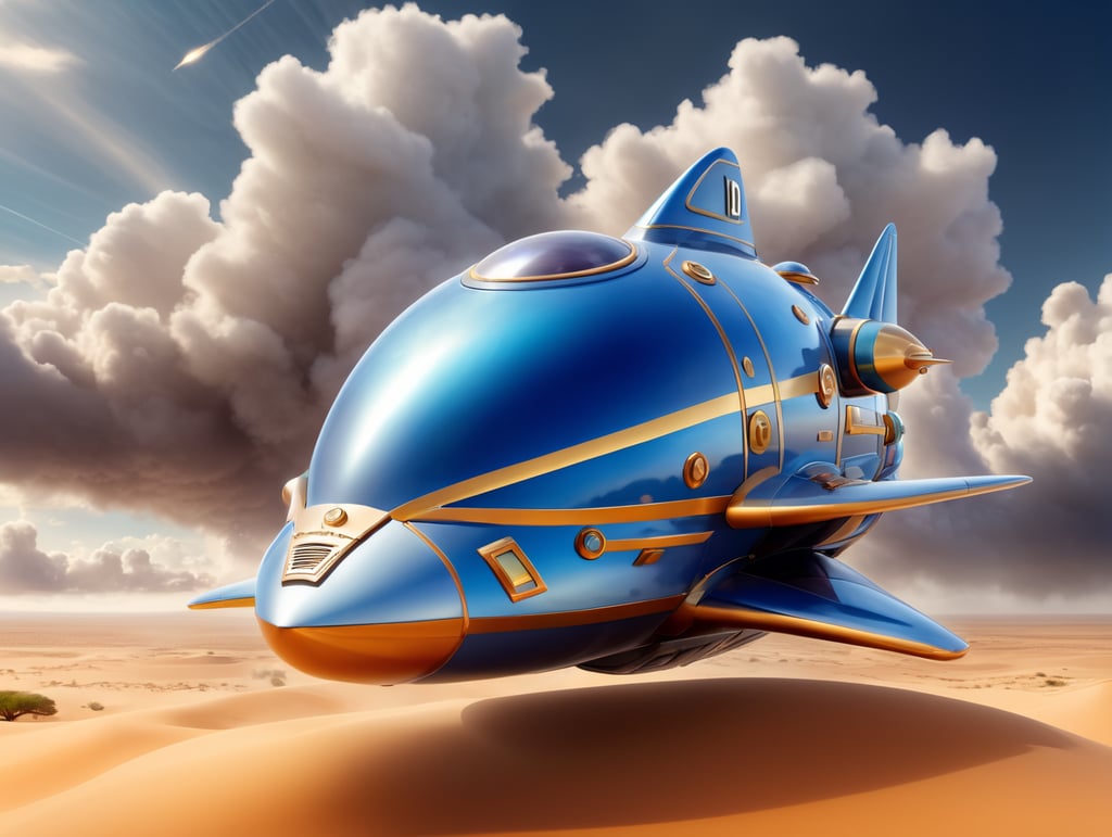 Isometric shiny spaceship is flying through stormy clouds over sand desert