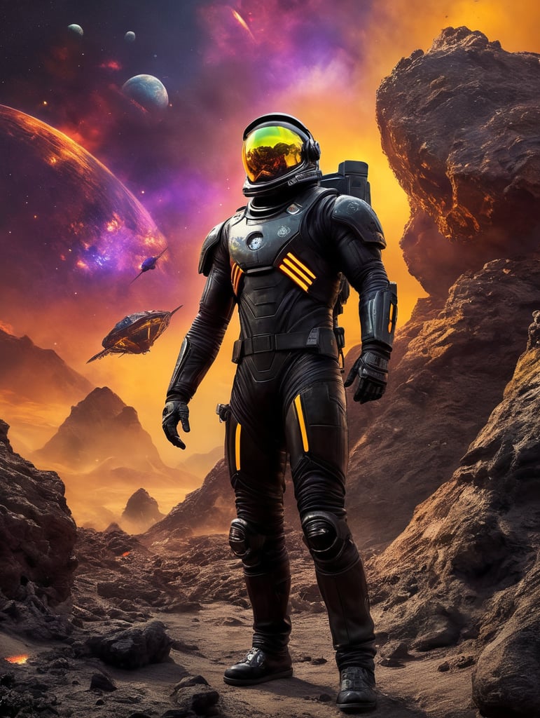 Space traveler in a black rock in middle of the universe. futuristic slim Astronaut suit with neon futuristic unique helmet , super hero style suit, warrior style suit, energy blast in the background, space war, more neon, energy explosion, fluor colours, yellow violet, vibrant, saturated, a lot graffiti on the suit. Scratch on the suit, Rocks like mars planet, volcano, movie poster style, war, noise, star wars, sMall war helmet, no accessories, transparent helmet glass