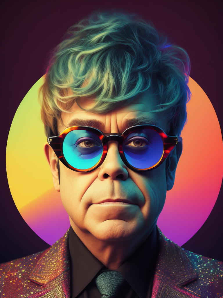 Portrait of Elton John with star-shaped glasses, Against a bright gradient, Vivid saturated colors, Contrast color