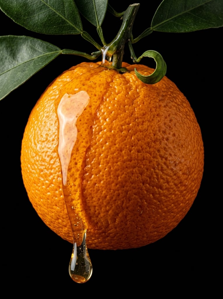 Macro photograph of a textured orange citrus against a pure black background. Thick golden honey cascades down the dimpled rind from a green stem and curled leaf, forming a heavy translucent droplet at the base. Studio lighting highlights the glossy liquid and porous fruit skin.