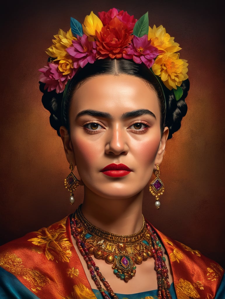 Portrait of Frida Kahlo, bright and saturated colors, elegant, highly detailed, vogue, fashion magazine, sharp focus, bright expressive makeup, dramatic lighting, depth of field, incredibly high detailed, blurred background'